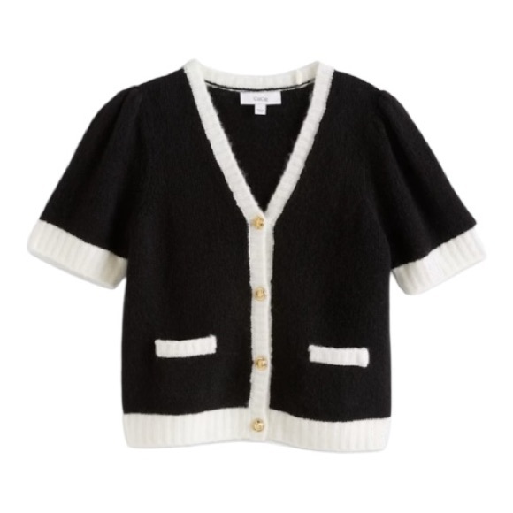 CeCe Cardigan Sweater Short Elbow Sleeve Contrast Trim Black White Size Medium - Picture 1 of 7